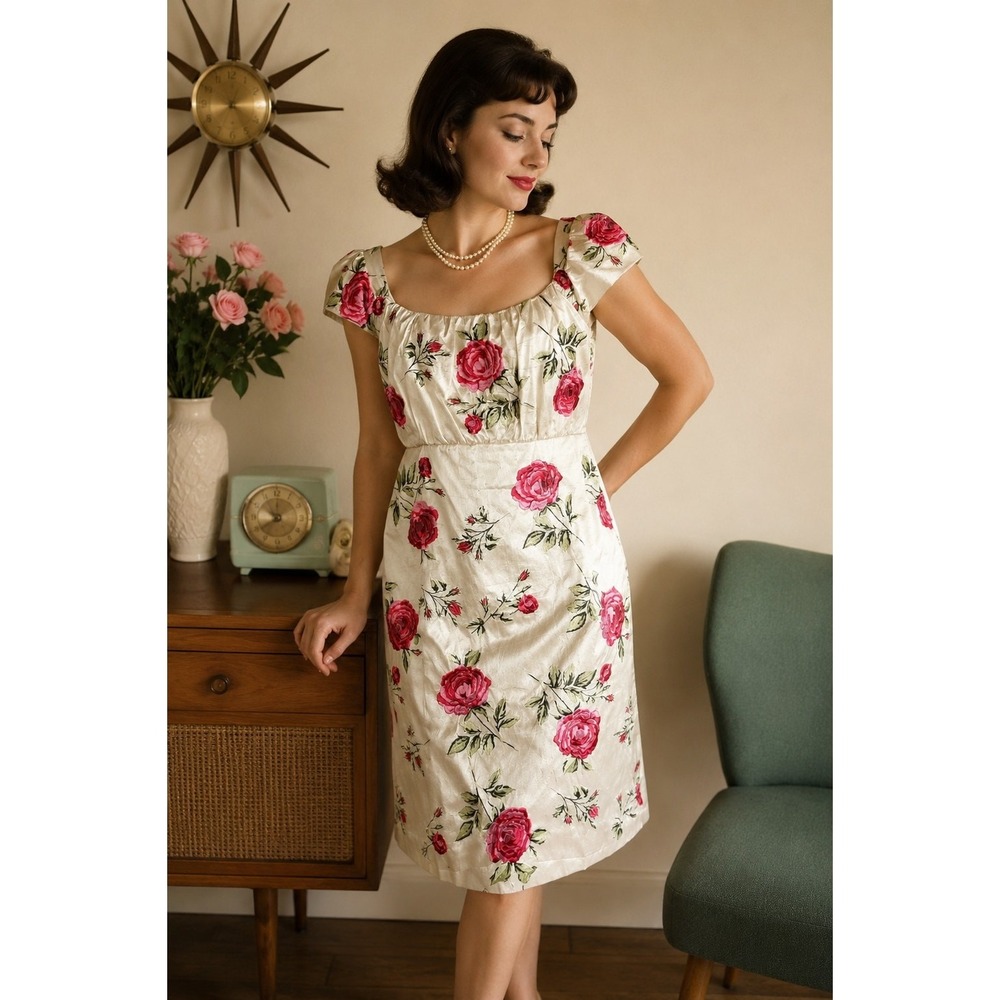 vintage Ivory Floral Brocade Pink Rose Print Empire Waist Cottagecore Midi Dress